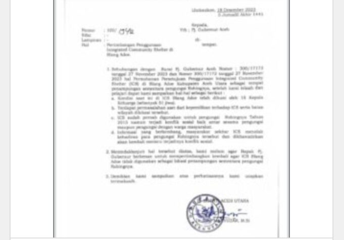 Begini Isi Surat Pemkab Aceh Utara Untuk Gubernur Soal Imigran Rohingya