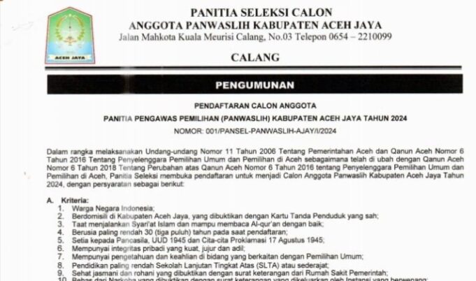 Pendaftaran Calon Anggota Panwaslih Aceh Jaya Dibuka, Ini Syaratnya